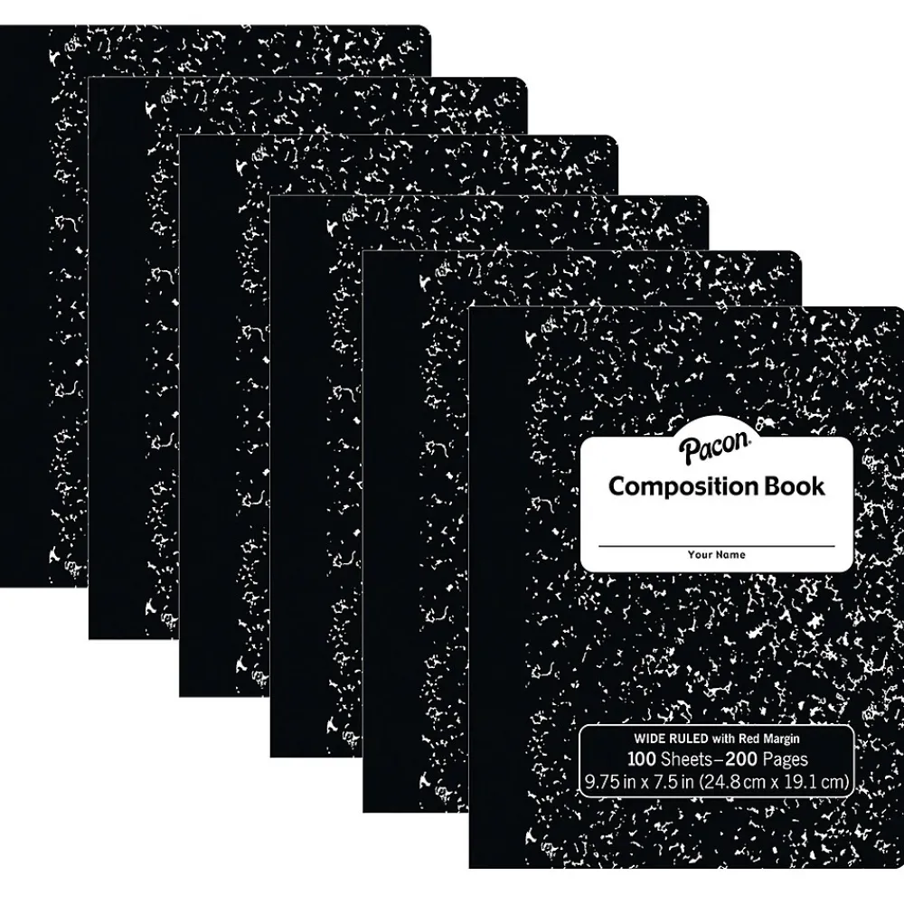 Composition Notebooks|Pacon Composition Notebooks, 9.75" x 7.5", Wide Ruled, 100 Sheets, Black, 6/Bundle (PACMMK37101-6)