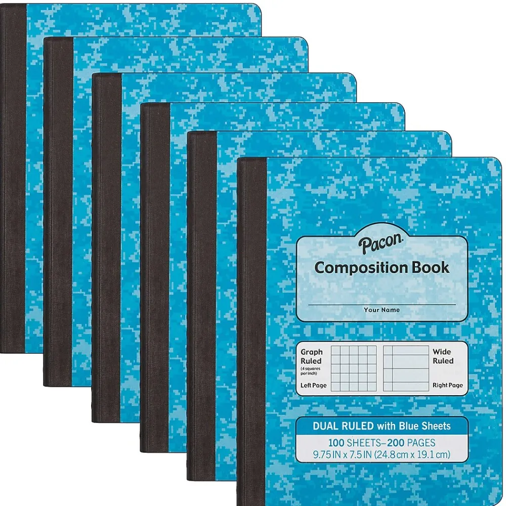 Composition Notebooks|Pacon Composition Notebooks, 9.75" x 7.5", Graph Ruled, 100 Sheets, Blue, 6/Bundle (PACMMK37160-6)