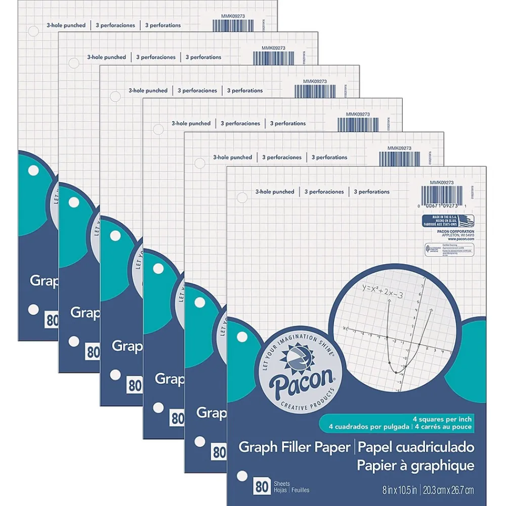 Filler Paper|Pacon Graph Paper, 8" x 10.5", 3-Hole Punched, 80 Sheets/Pack, 6/Bundle (PACMMK09273-6)