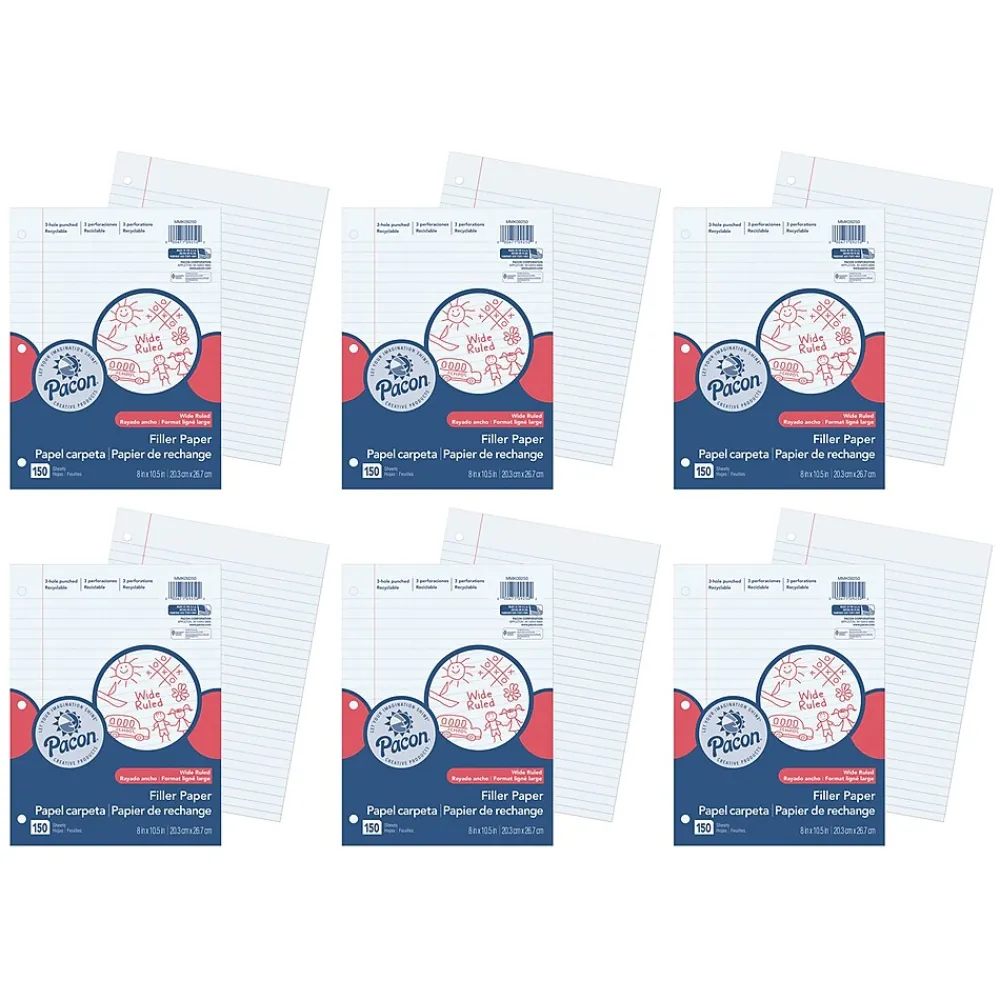 Filler Paper|Pacon Wide Ruled Filler Paper, 8" x 10.5", 3-Hole Punched, 150 Sheets/Pack, 6 Packs/Bundle (PACMMK09250-6)
