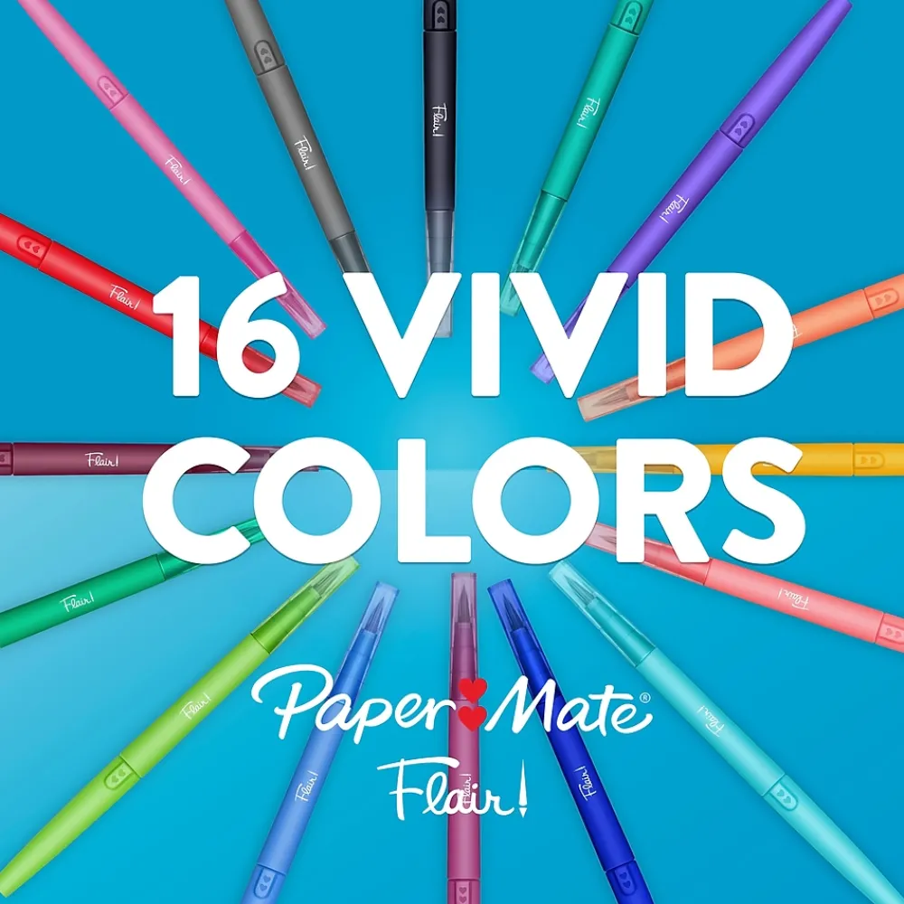 Pens|Paper Mate Flair! DUAL Calligraphy Pens, Brush/Medium Tips, Assorted Colors, 16/Pack (2181607)