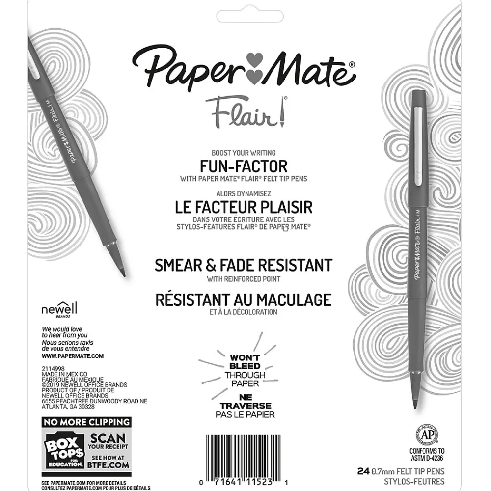 Pens|Paper Mate Flair Felt Pens, Medium Point, 0.7mm, Assorted Ink, 24/Pack (1978998)