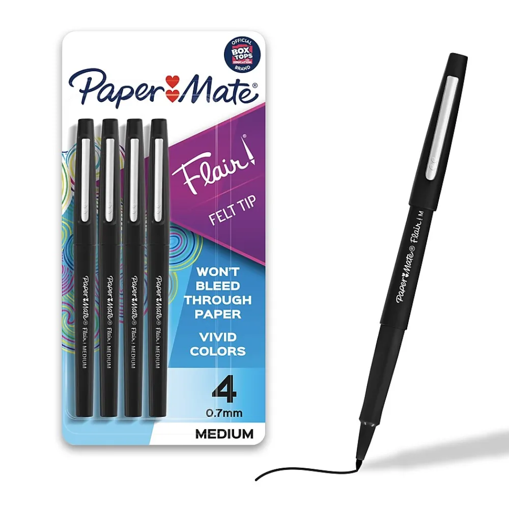 Pens|Paper Mate Flair Felt Pen, Medium Point, 0.7mm, Black Ink, 4 Pack (84344)