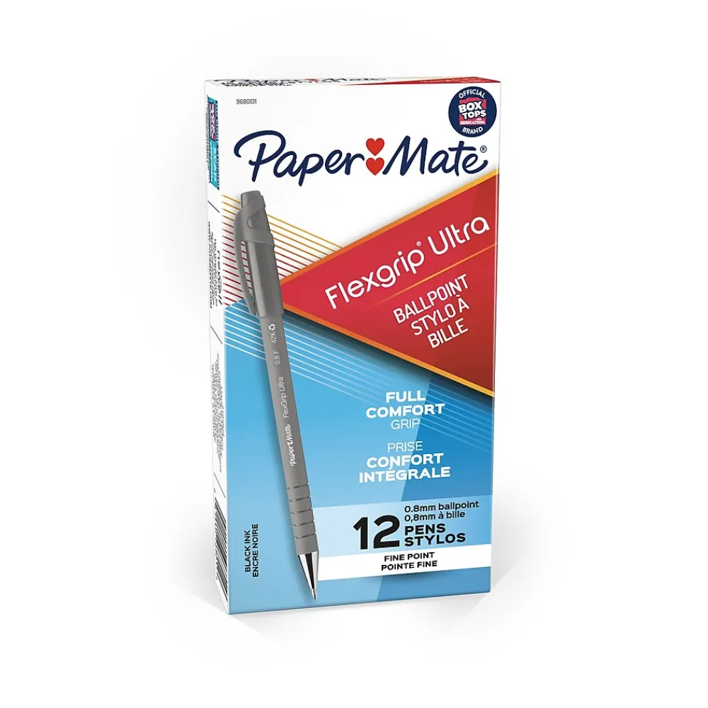 Pens|Paper Mate FlexGrip Ultra Ballpoint Pen, Fine Point, Black Ink, 12/Pack (9680131)