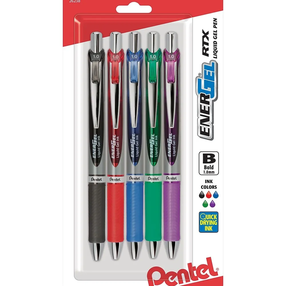 Pens|Pentel EnerGel RTX Gel Pens, Bold Point, Assorted Ink, 5/Pack (BL80BP5M)