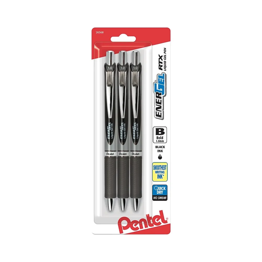 Pens|Pentel EnerGel RTX Retractable Gel Pen, Bold Point, Black Ink, 3/Pack (BL80BP3A)