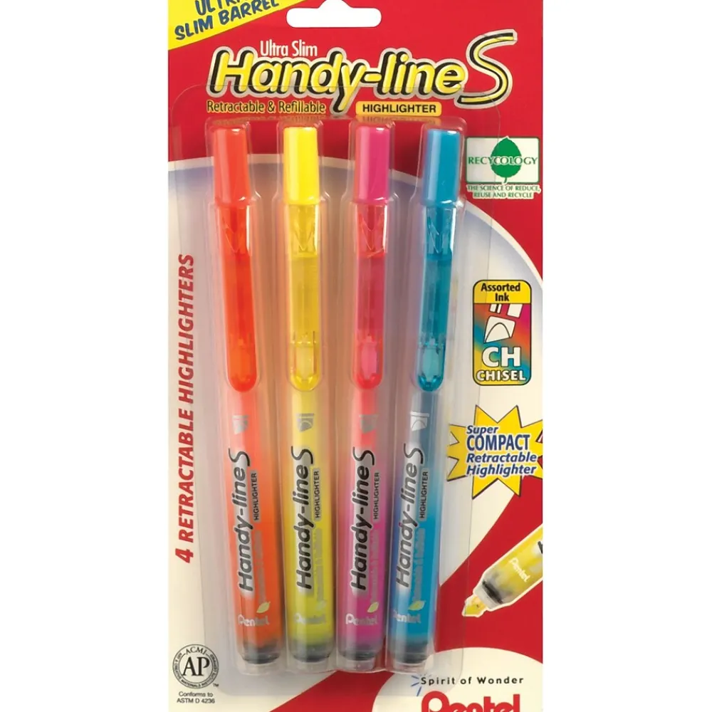 Highlighters|Pentel ® Recycled Handy-Lines Slim Retractable Highlighters, 4/Pack (SXS15BPS4M)