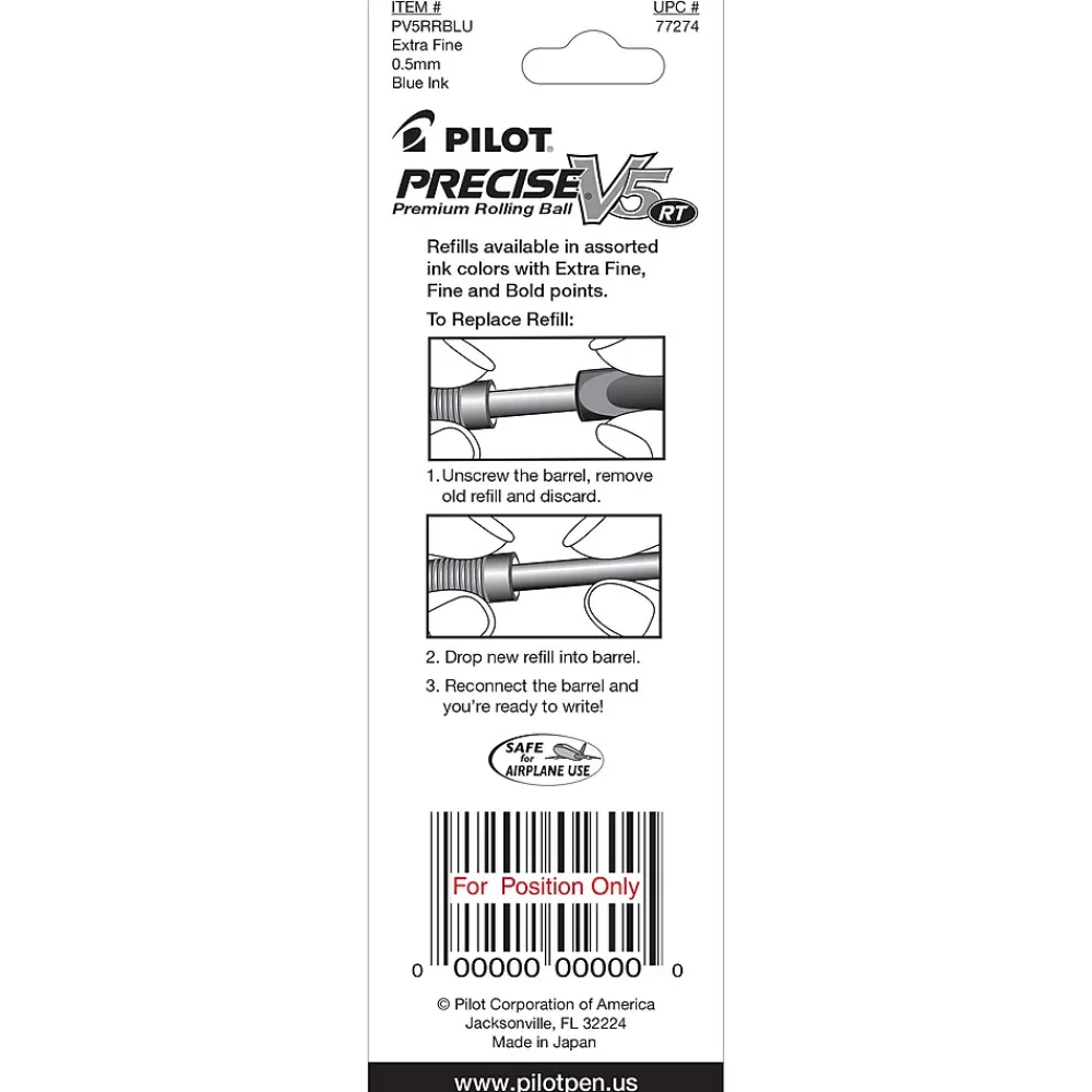 Pens|Pilot Precise V5 RT Rollerball Pen Refill, Extra Fine Tip, Blue Ink, 2/Pack (77274)