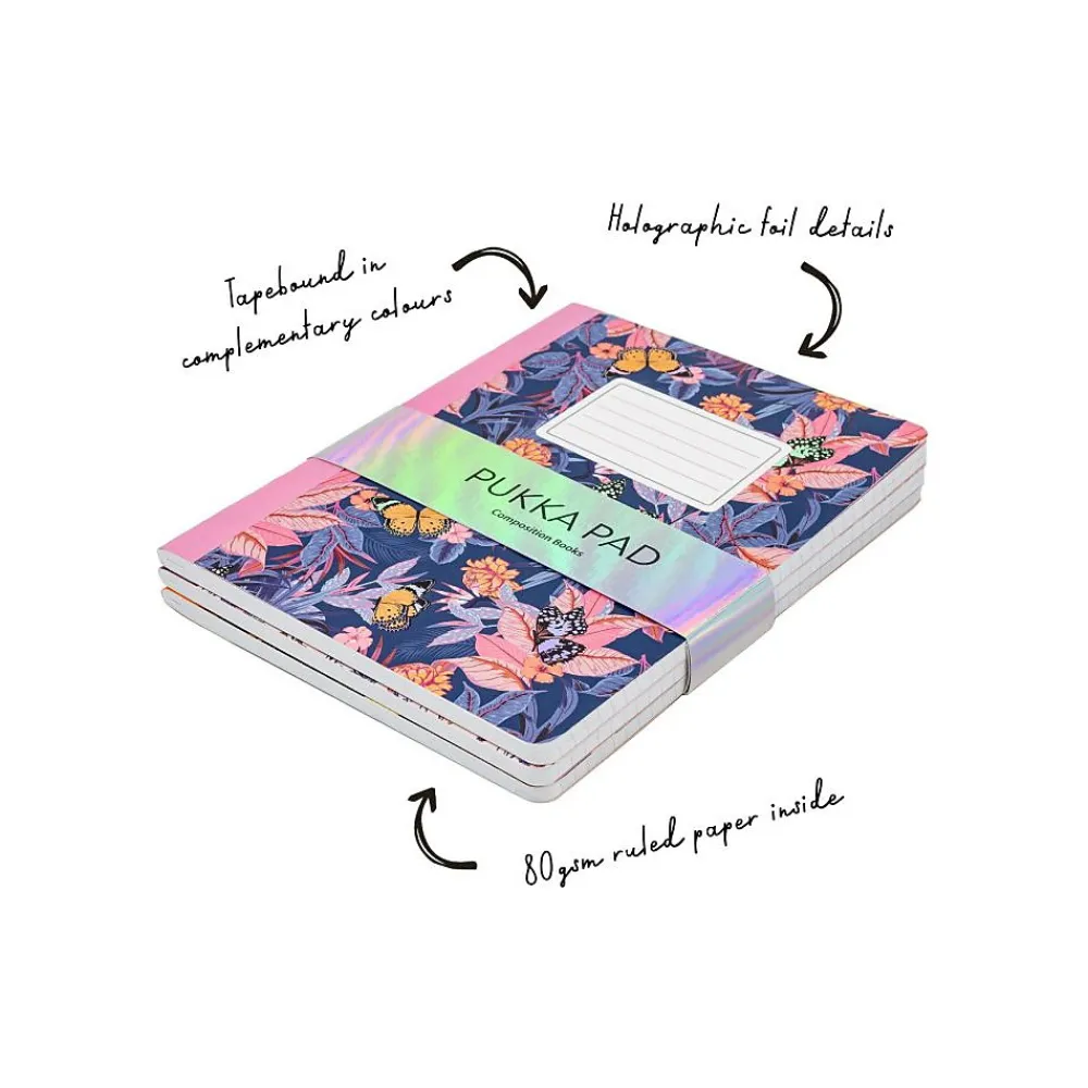 Notebooks|Pukka Pad Bloom Composition Notebooks, 7.5" x 9.7", College Ruled, 70 Sheets, Assorted Colors, 3/Pack (9516-BLM)
