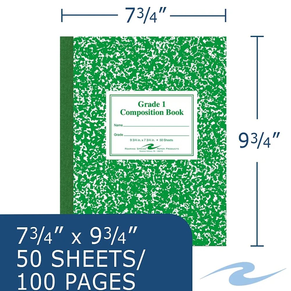 Composition Notebooks|Roaring Spring Paper Products Composition Notebooks, 7.75" x 9.75", Wide Ruled, 50 Sheets, Green (ROA77920)