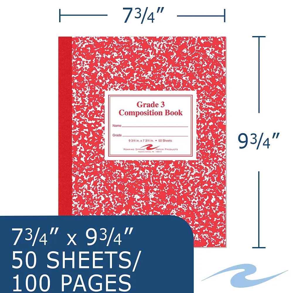 Composition Notebooks|Roaring Spring Paper Products 1-Subject Composition Notebooks, 7.75" x 9.75", Wide Ruled, 50 Sheets, Red (ROA77922)