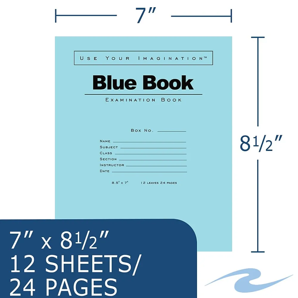 Notebooks|Roaring Spring Paper Products Exam 1-Subject Exam Notebook, 7" x 8.5", Wide Ruled, 12 Sheets, Blue (77513)