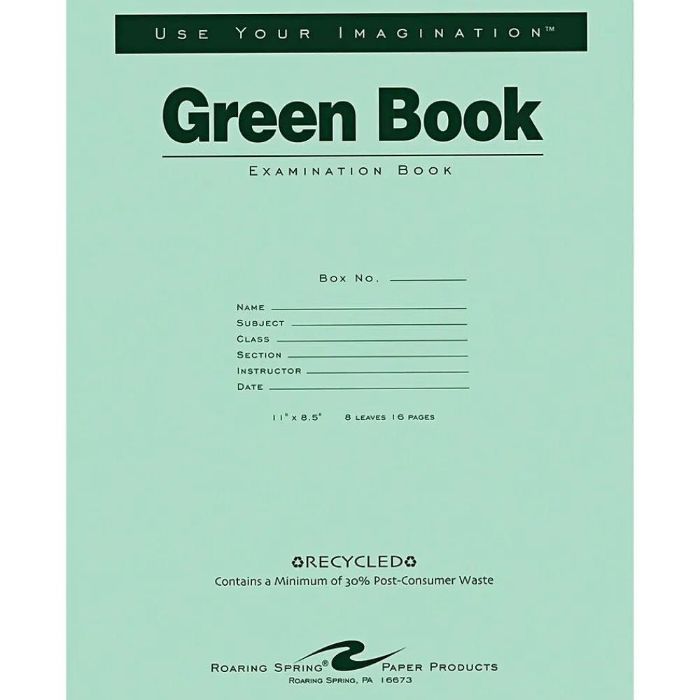 Notebooks|Roaring Spring Paper Products Exam Notebooks, 8.5" x 11", Wide Ruled, 8 Sheets, Green (77509)