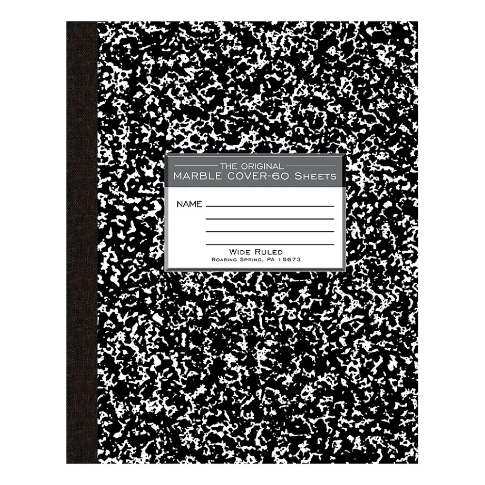 Composition Notebooks|Roaring Spring Paper Products 1-Subject Composition Notebooks, 8" x 10", Wide Ruled, 60 Sheets, Black (77505)