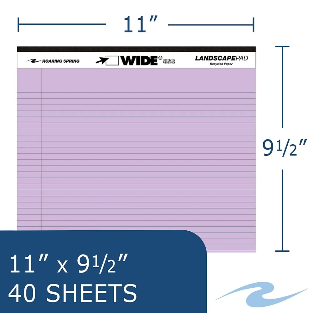 Notepads|Roaring Spring Paper Products Roaring Spring WIDE Landscape Notepad, College Ruled, 11" x 9.5", Assorted Colors, 40 Sheets, 3/Pack (74535)