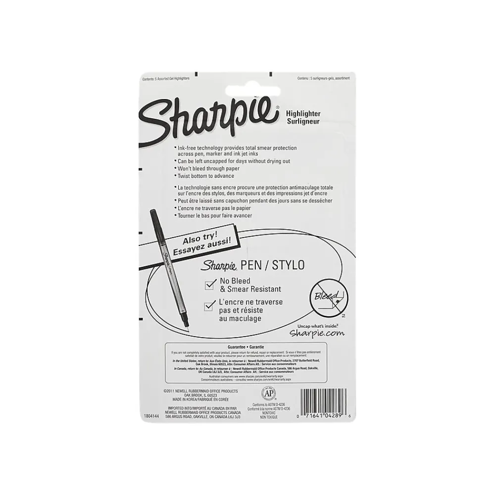 Highlighters|Sharpie Gel Stick Highlighter, Bullet Tip, Assorted, 5/Pack (1803277)