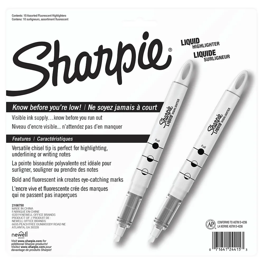 Highlighters|Sharpie Liquid Highlighter, Chisel Tip, Assorted, 10/Pack (24415PP)