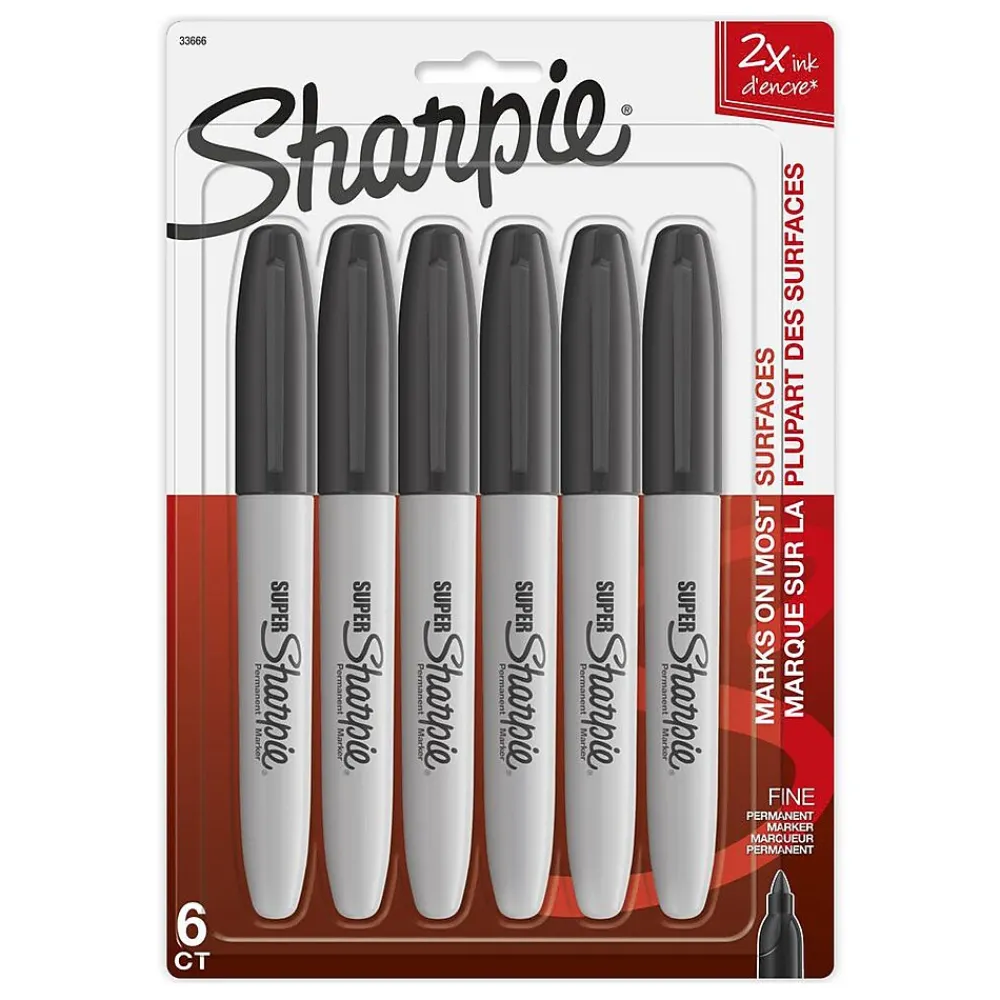 Markers|Sharpie Super Permanent Markers, Fine Tip, Black, 6/Pack (33666)