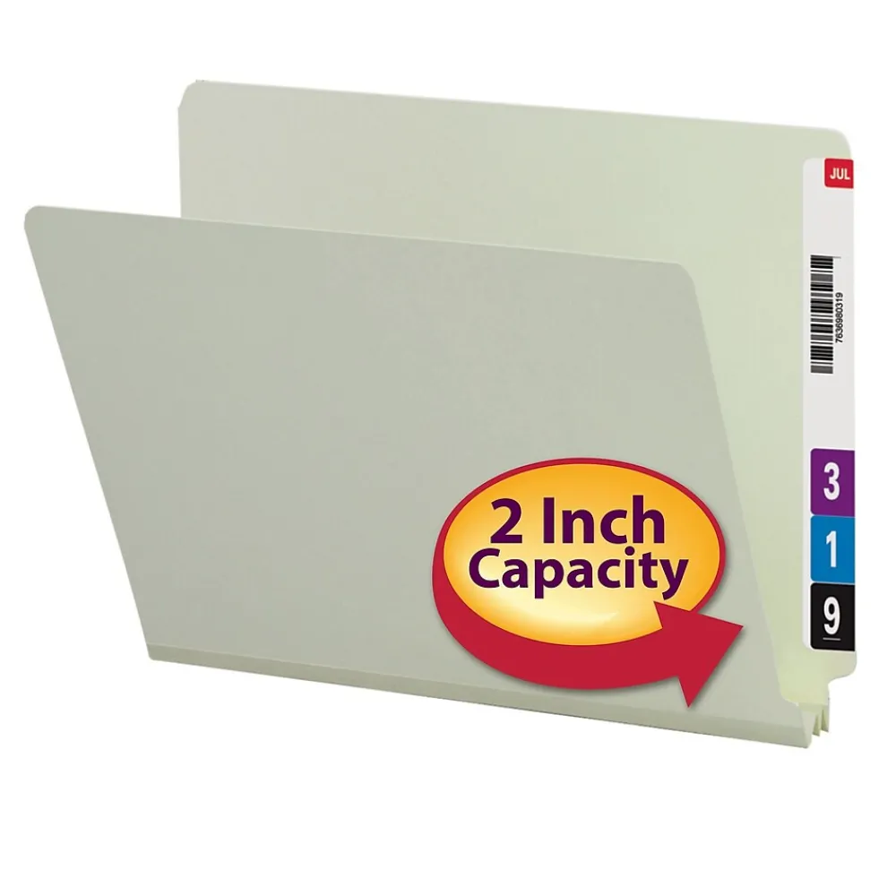File Folders|Smead End Tab Pressboard File Folder, Straight-Cut Tab, 2" Expansion, Letter Size, Gray/Green, 25/Box (26210)