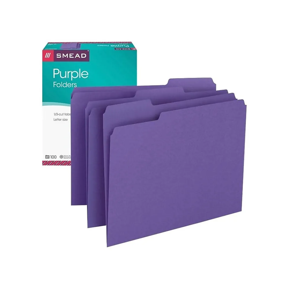 File Folders|Smead File Folder, 1/3-Cut Tab, Letter Size, , 100/Box (13043) Purple