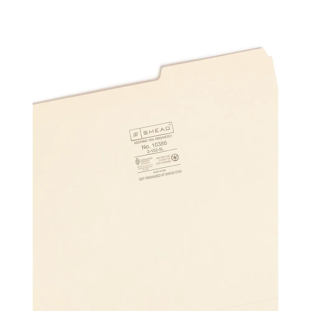 File Folders|Smead File Folders, Reinforced 2/5-Cut Right Position, Guide Height, Letter Size, Manila, 100/Box (10386)