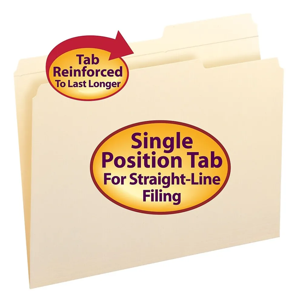File Folders|Smead File Folders, Reinforced 2/5-Cut Right Position, Guide Height, Letter Size, Manila, 100/Box (10386)