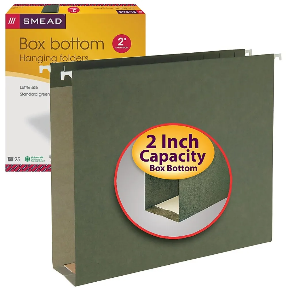 Hanging File Folders|Smead Hanging File Folders with Box Bottom, 2" Expansion, Letter Size, Standard Green, 25/Box (64259)