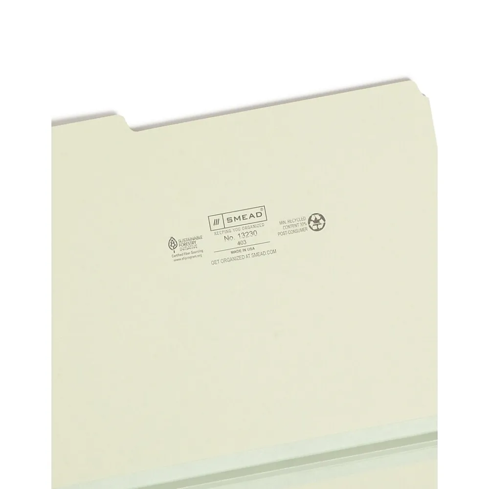 File Folders|Smead Heavy Duty File Folder, 1/3-Cut Tab, 1" Expansion, Letter Size, Gray/Green, 25/Bx (13230)