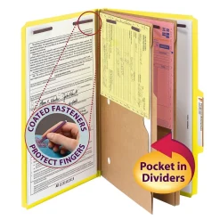 File Folders|Smead Pressboard Classification File Folder w/Wallet Divider and SafeSHIELD Fasteners, 2" Exp., Legal, Yellow, 10/Box (19084)