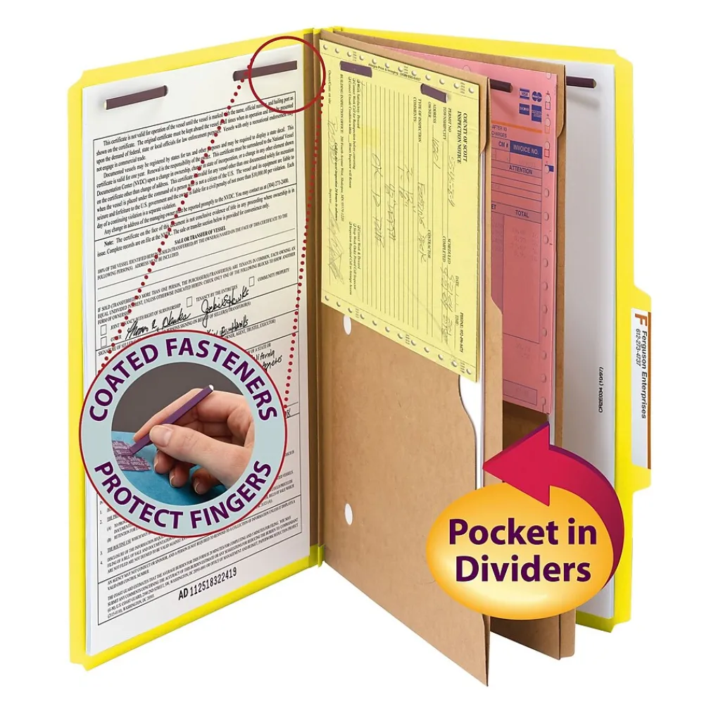 File Folders|Smead Pressboard Classification File Folder w/Wallet Divider and SafeSHIELD Fasteners, 2" Exp., Legal, Yellow, 10/Box (19084)