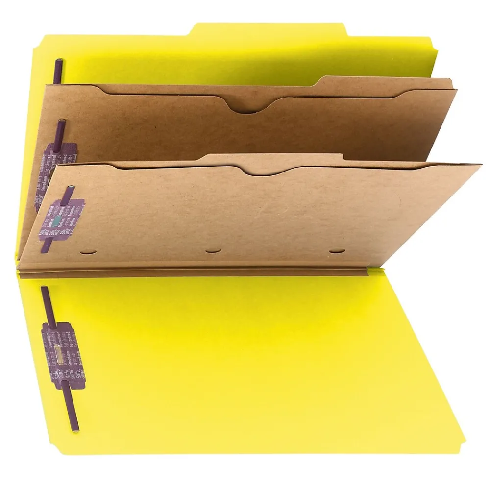 File Folders|Smead Pressboard Classification File Folder w/Wallet Divider and SafeSHIELD Fasteners, 2" Exp., Legal, Yellow, 10/Box (19084)
