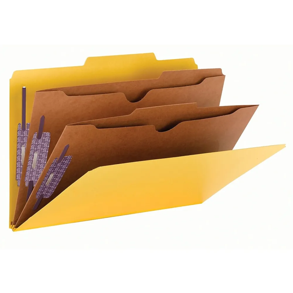 File Folders|Smead Pressboard Classification File Folder w/Wallet Divider and SafeSHIELD Fasteners, 2" Exp., Legal, Yellow, 10/Box (19084)