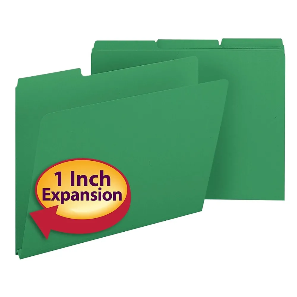 File Folders|Smead Pressboard File Folders, 1/3-Cut Tab, 1" Expansion, Letter Size, Green, 25/Box (21546)