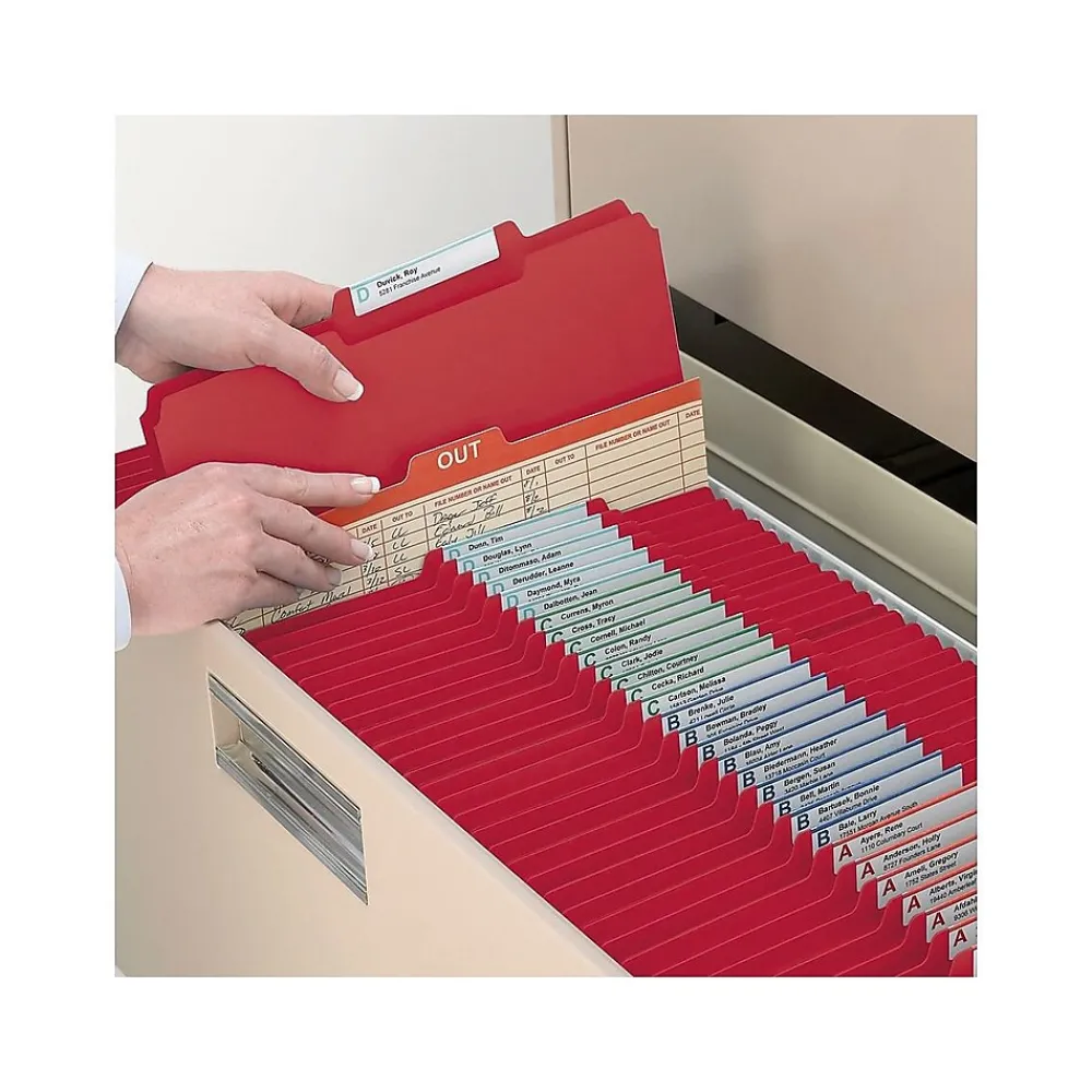 File Folders|Smead Pressboard File Folders, 1/3-Cut Tab, 1" Expansion, Letter Size, Bright Red, 25/Box (21538)