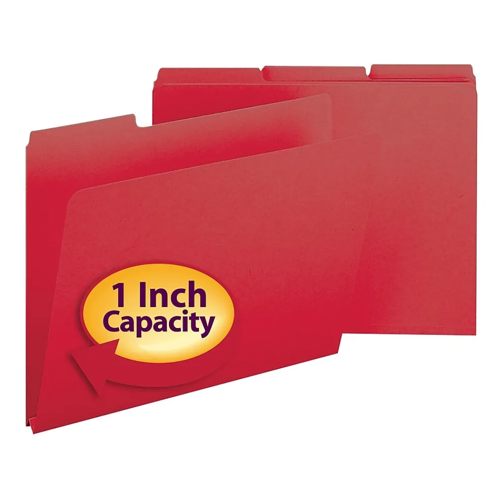 File Folders|Smead Pressboard File Folders, 1/3-Cut Tab, 1" Expansion, Letter Size, Bright Red, 25/Box (21538)