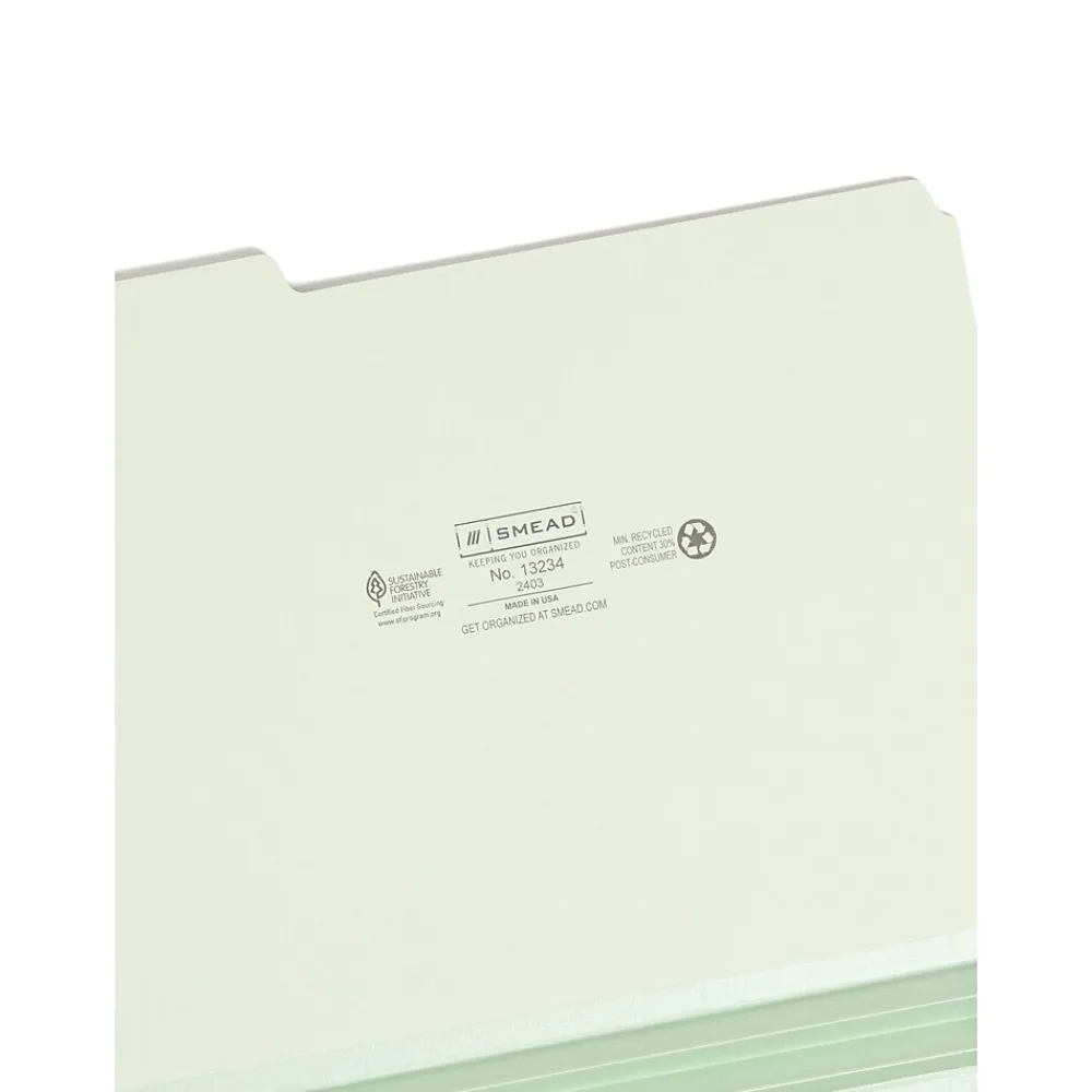 File Folders|Smead Pressboard File Folder, 1/3-Cut Tab, 2" Expansion, Letter Size, Gray/Green, 25/Box (13234)