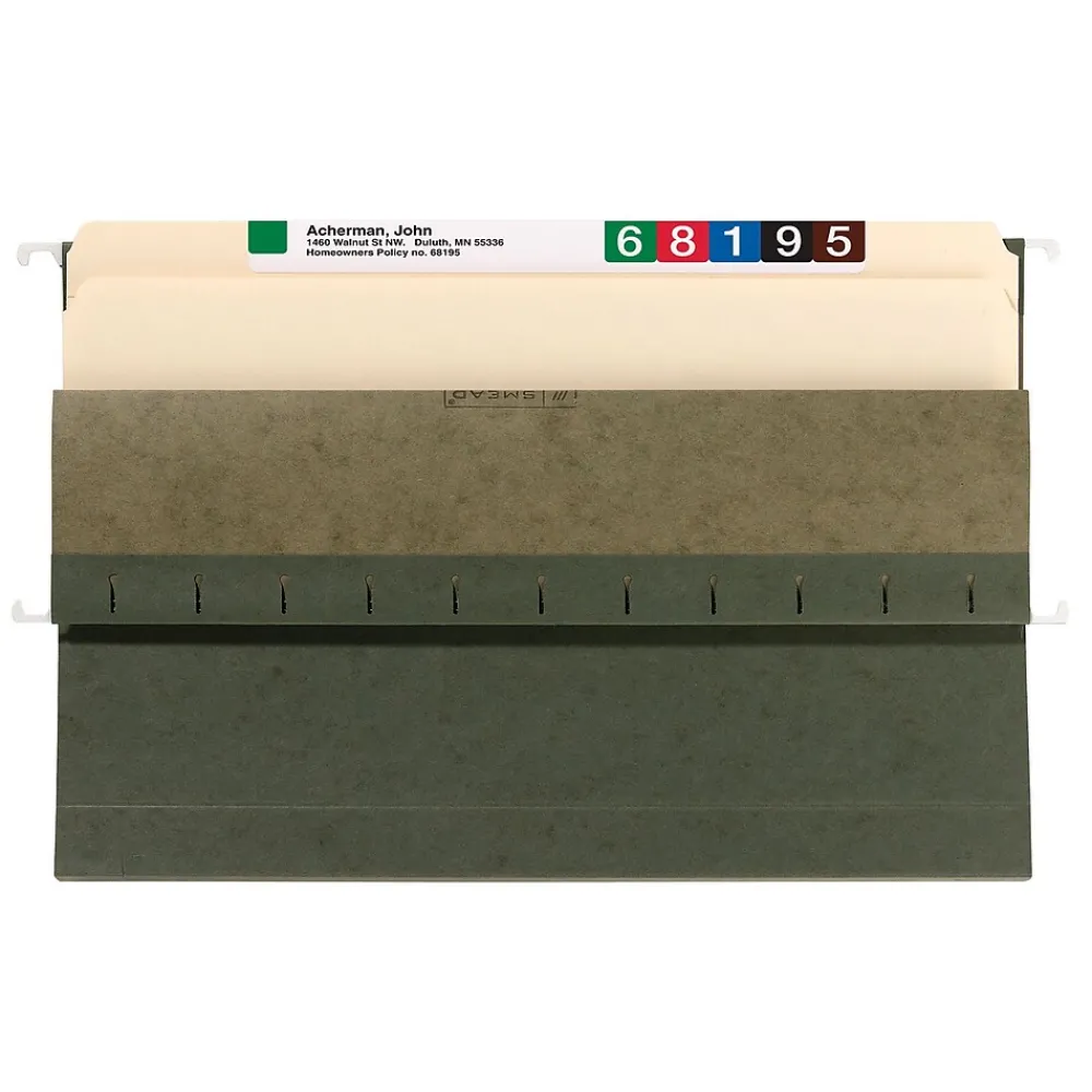 Hanging File Folders|Smead Recycled Hanging File Pocket, 1.75" Expansion, Legal Size, Standard Green, 25/Box (64318)