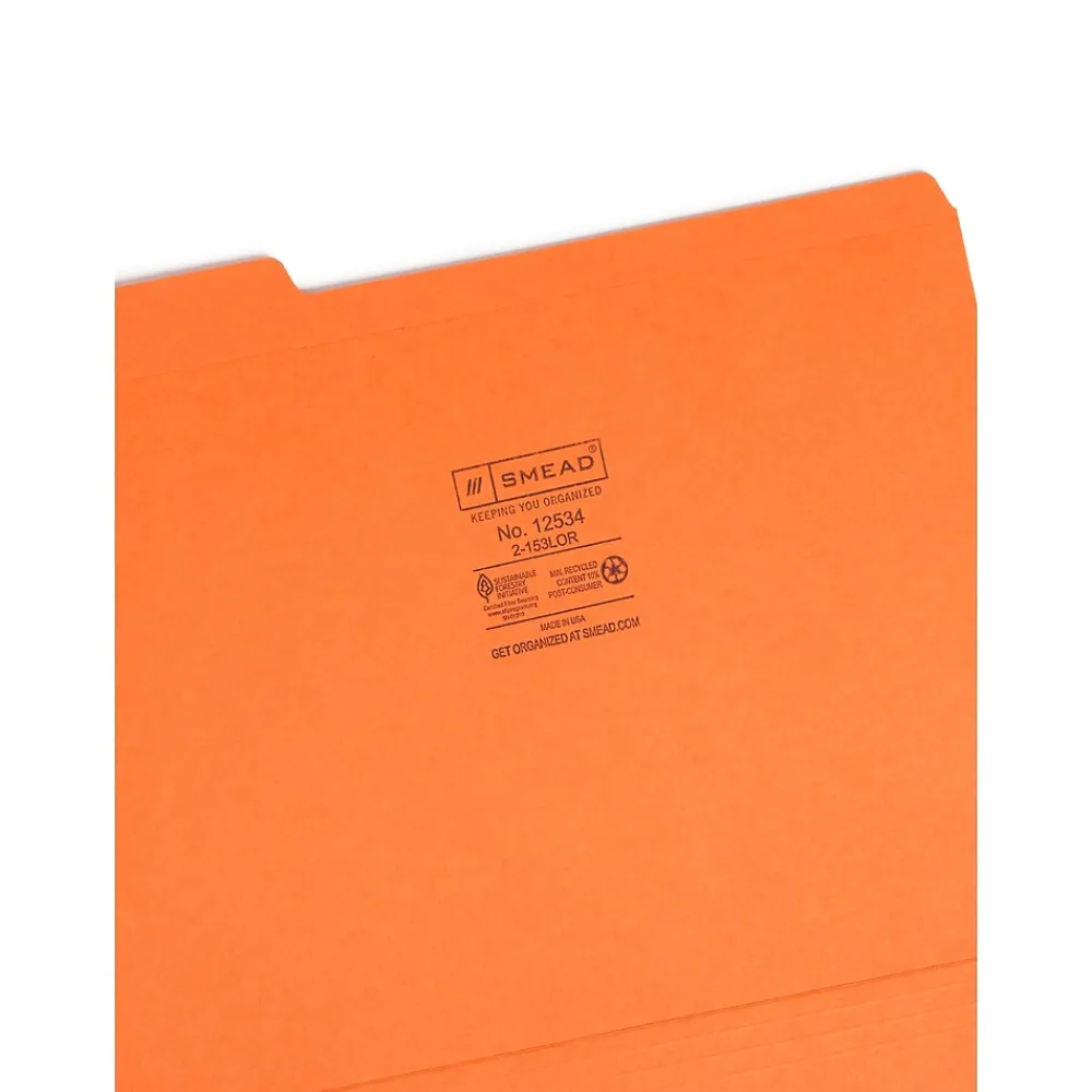 File Folders|Smead Reinforced File Folder, 3 Tab, Letter Size, Orange, 100/Bx (12534)