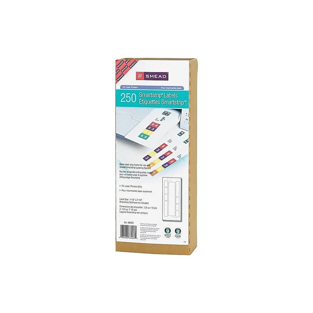 Labels|Smead Smartstrip Laser File Folder Labels, 1 1/2" x 7 1/2", Bright White, 250/Pack (66004)