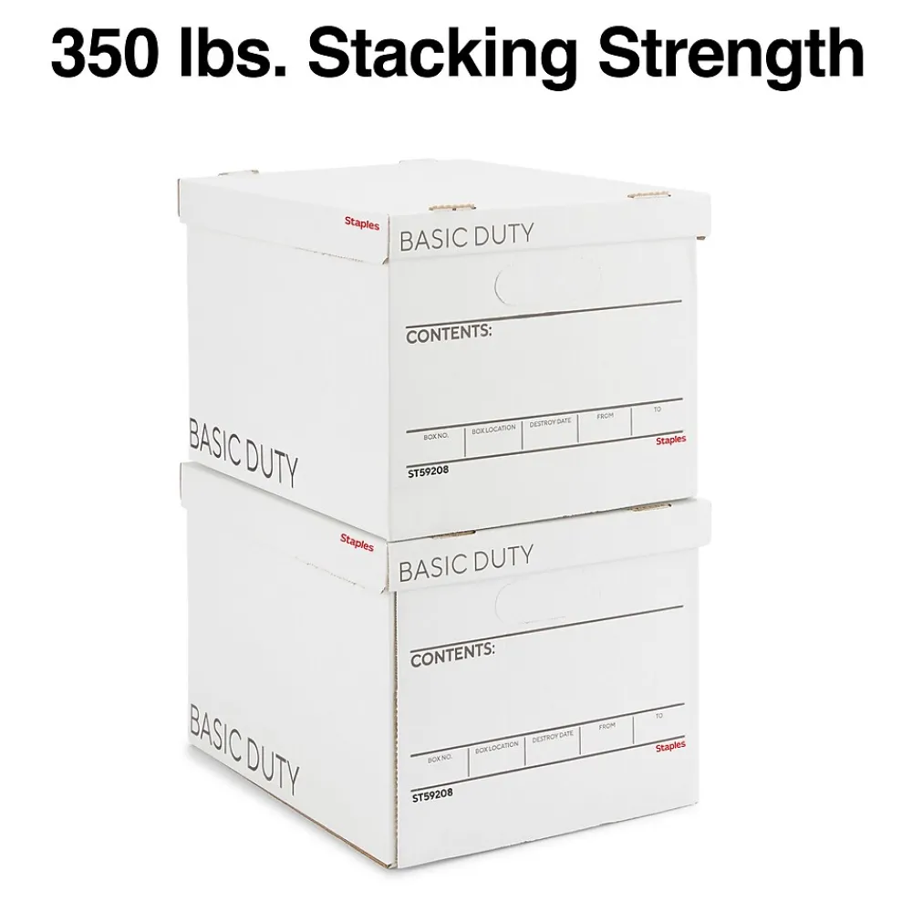 File Storage|Staples 65% Recycled Corrugated File Box Lift Off Lid, Letter/Legal Size, White/Black, 10/Pack (23325011)