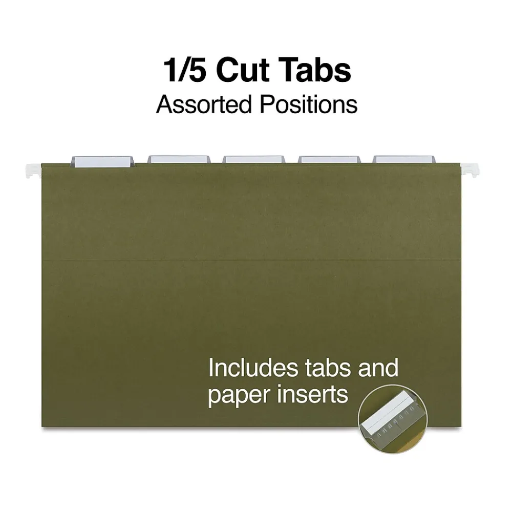 Hanging File Folders|Staples 95% Recycled Hanging File Folder, 1/5-Cut Tab, Legal Size, Standard Green, 50/Box (ST490853/490853)