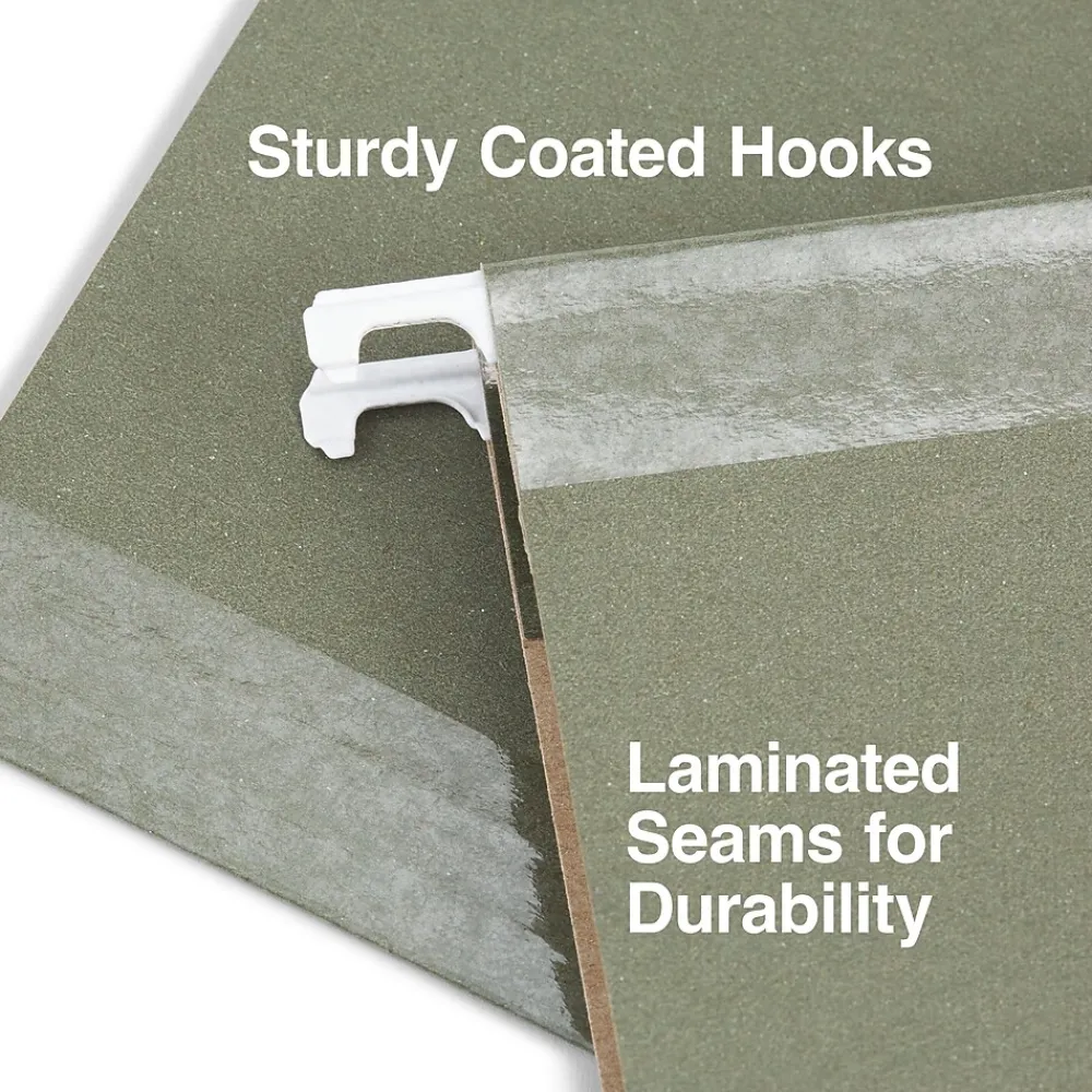 Hanging File Folders|Staples 100% Recycled Reinforced Hanging File Folder, 1/5-Cut Tab, Letter Size, Standard , 25/Box (TR16403) Green