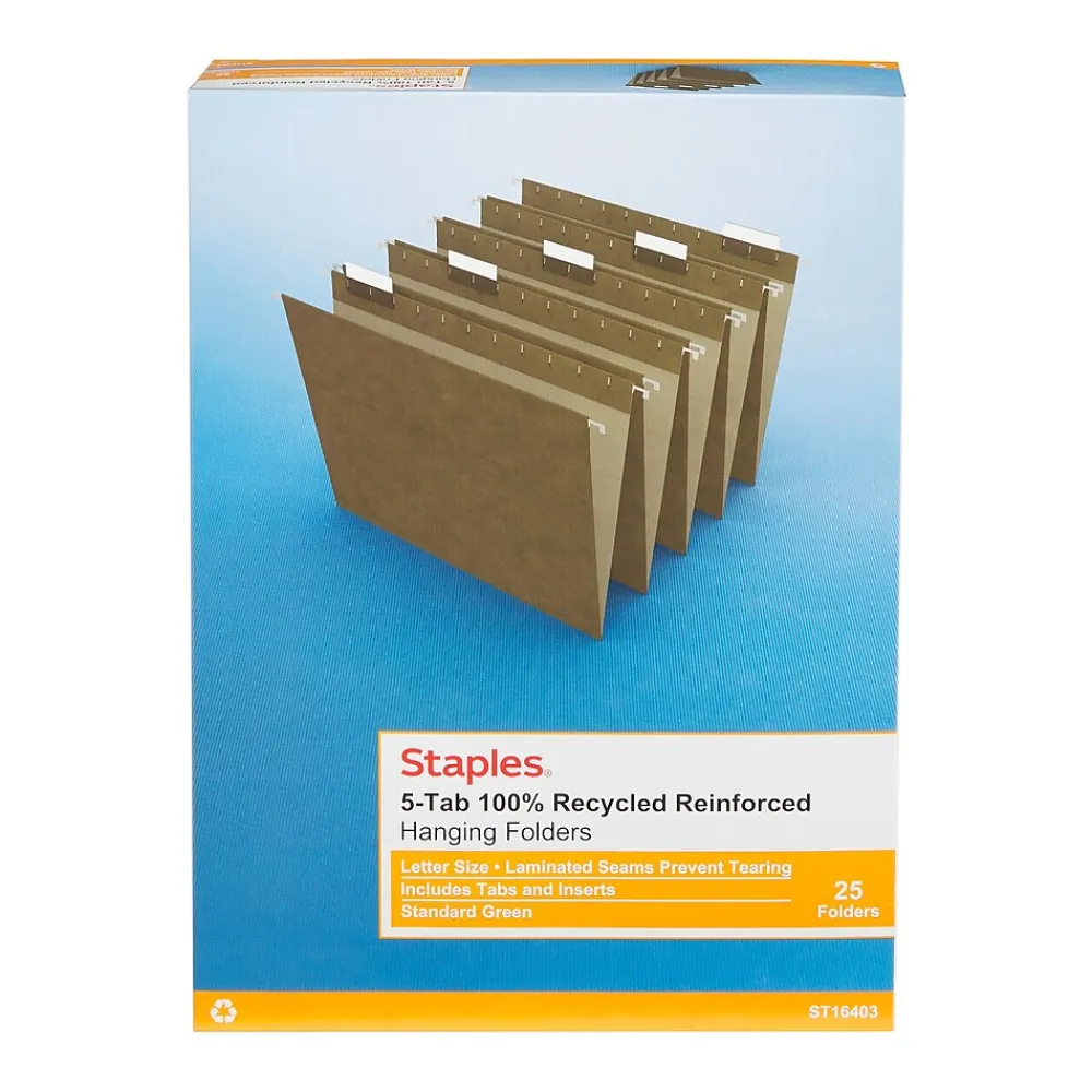 Hanging File Folders|Staples 100% Recycled Reinforced Hanging File Folder, 1/5-Cut Tab, Letter Size, Standard , 25/Box (TR16403) Green
