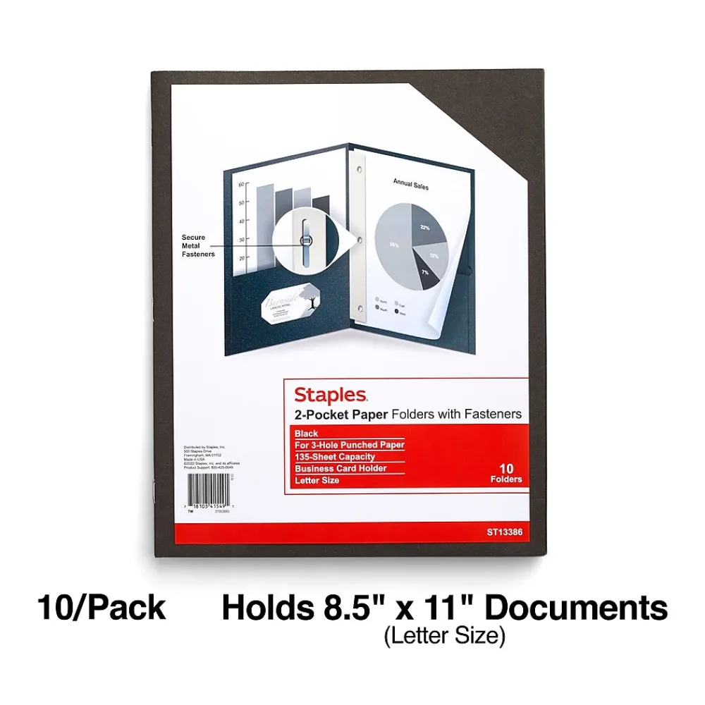 Pocket Folders|Staples 10% Recycled Smooth 2-Pocket Paper Presentation Folder with Fasteners, , 10/Pack (13386-US) Black