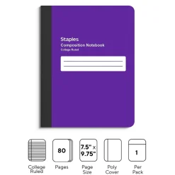 Subject Notebooks|Staples ® Accel Poly 2-Subject Subject Notebooks, 8.5" x 11", College Ruled, 75 Sheets, Assorted (36739)