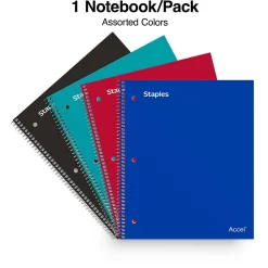 Notebooks|Staples Accel 3-Subject Notebook, 8.5" x 11", College Ruled, 150 Sheets, Colors (ST15758D) Assorted
