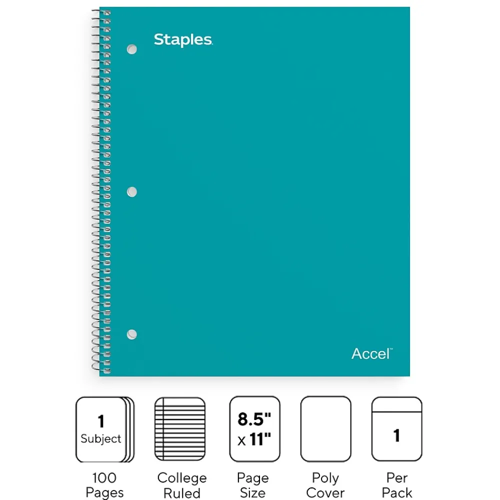 Subject Notebooks|Staples Accel 1-Subject Notebook, 8.5" x 11", College Ruled, 100 Sheets, Blue (ST20955D) Teal