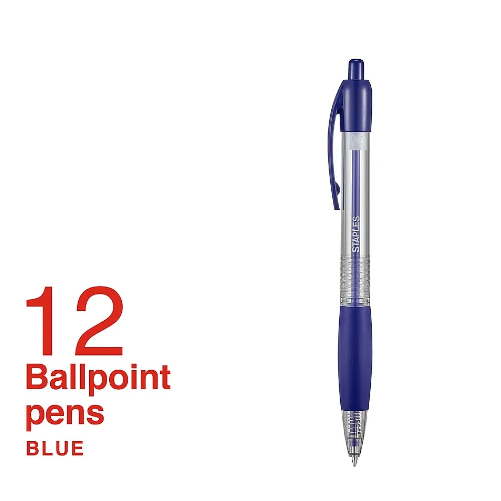 Pens|Staples Ballpoint Retractable Pens, Fine Point, Blue Ink, Dozen (50788)