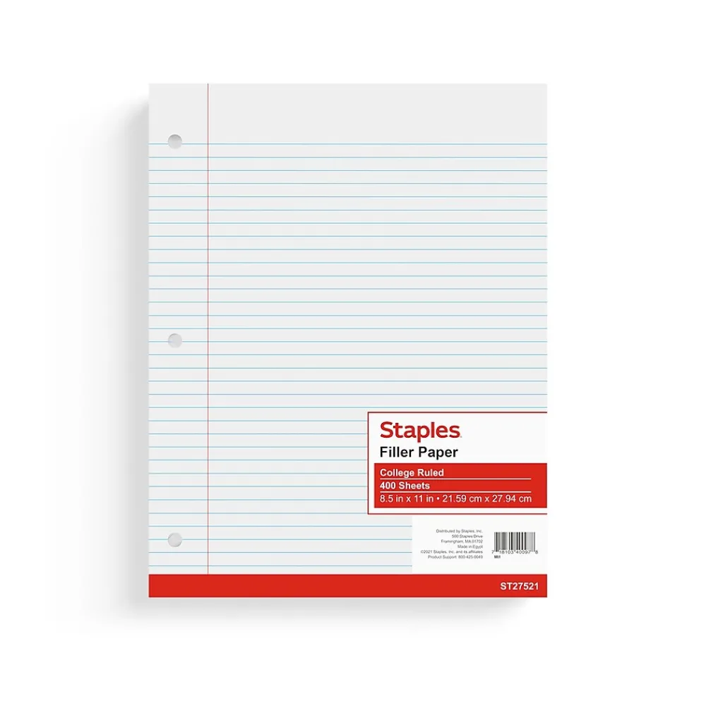 Filler Paper|Staples ® College Ruled Filler Paper, 8.5" x 11", White, 400 Sheets/Pack (ST27521D)