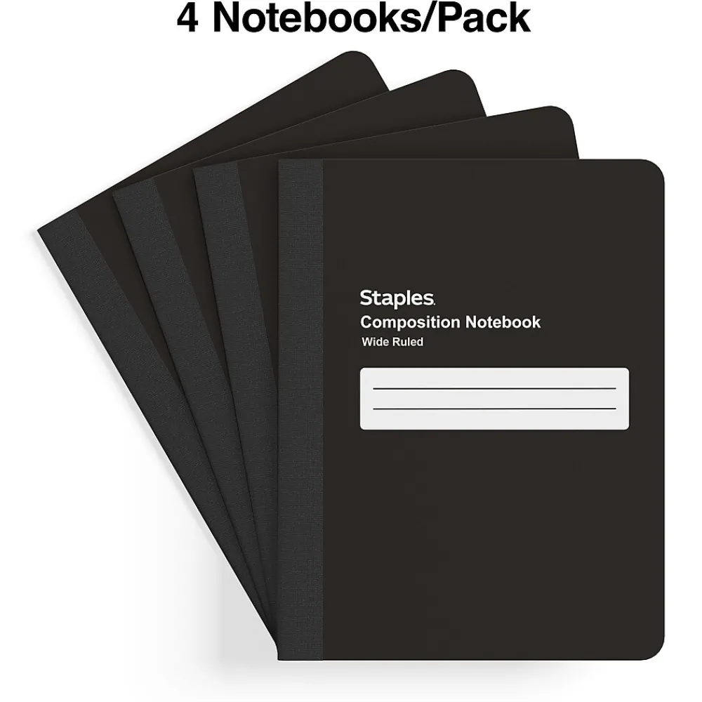 Composition Notebooks|Staples Composition Notebook, 7.5" x 9.75", Black, 4/Pack (TR58294)